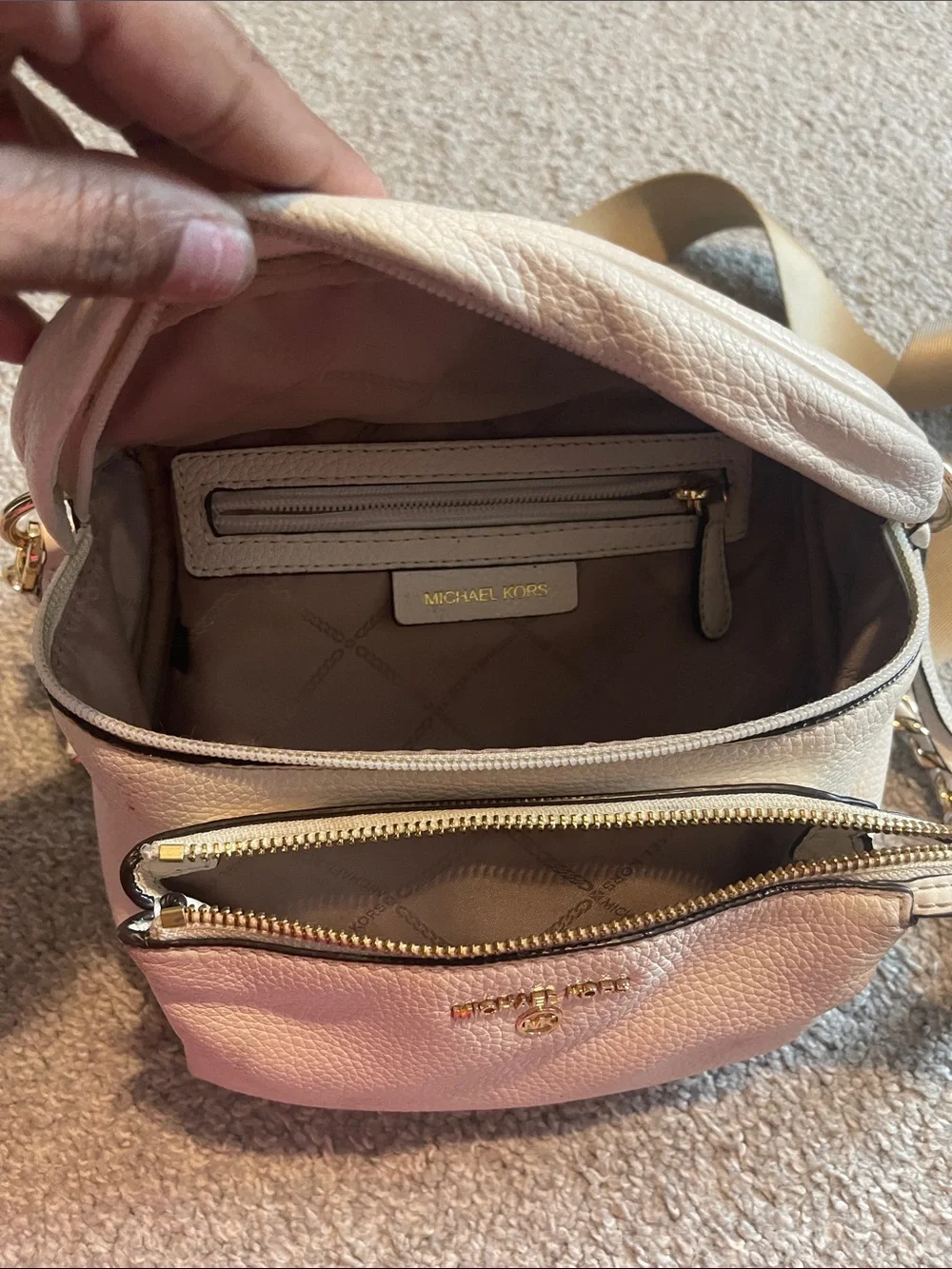 Michael Kors Cream Pebbled Leather Crossbody Belt Bag with Gold Hardware